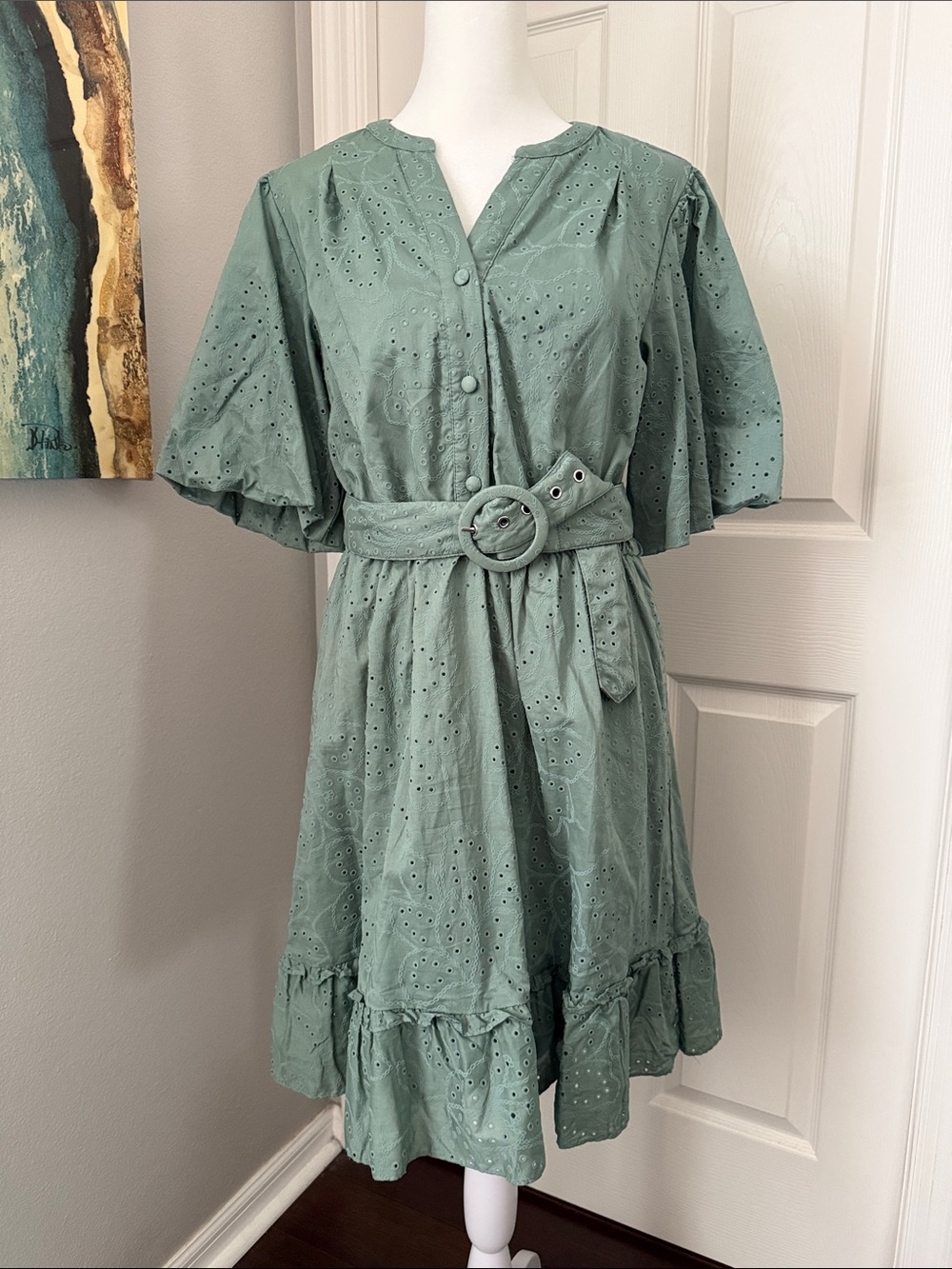 Joie Sage Green Eyelet Belted Short Dress
